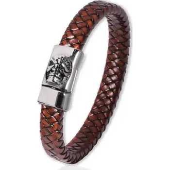 Náramek Pánský splétaný kožený náramek Lebka Hnědý 22 cm