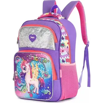 Školní batoh Miko Dívčí flitrový školní batoh 3D jednorožec Fialový 20L