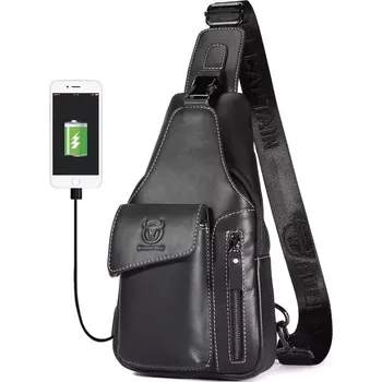 Bullcaptain kožená taška přes rameno s USB Maksim Černý 5L
