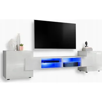 Obývací pokoj Komodee TV stolek Merano, lesklá čela, skleněné police, modré LED osvětlení