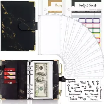 Diář Pořadač s kroužky a 12 fóliemi - listy - nálepky A6 Mramor černý