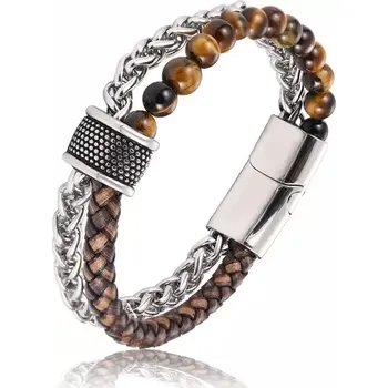 Náramek Pánský ocelový náramek s korálky Knud Hnědý - Délka 20,5 cm