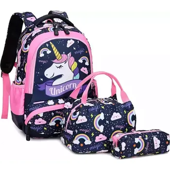 Školní batoh Meiso Dívčí školní batoh 3v1 Unicorn Magic Černo-růžový 16L