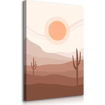Obraz OBRAZ DO LOŽNICE ZÁPAD SLUNCE BOHO STYL POUŠŤ KAKTUSY 20x30