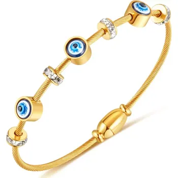 Náramek Titan Jewerly Dámský ocelový pevný náramek Modré oko Zlatý 20 cm