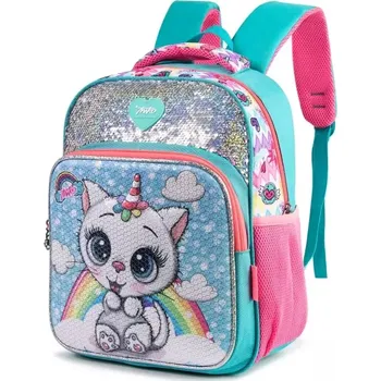 Školní batoh Miko Dívčí flitrový školní batoh 3D Kočička Zelený 20L