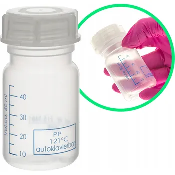 Láhev Plastová láhev z PP s modrou stupnicí a širokým hrdlem, 50 ml