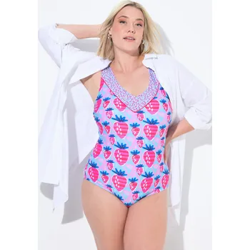 Dámské plavky Ulla Popken, Plus size Plavky, jahody, měkké košíčky, kompletní podšívka, recyklovaný materiál pro plnoštíhlé nadměrná velikost, 837962711-1016, tyrkysový, 60, Nadměrné velikosti, Plus size oblečení, Oblečení pro boubelky, Oblečení pro baculky, Oblečení p