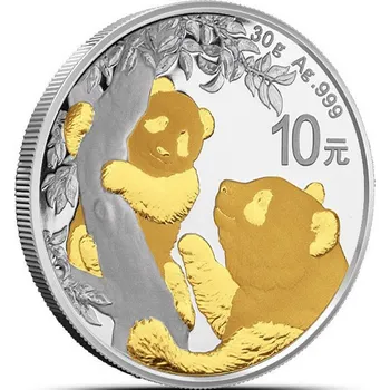 People's Republic of China Chinese Panda stříbrná mince 30g 2021 zlacená