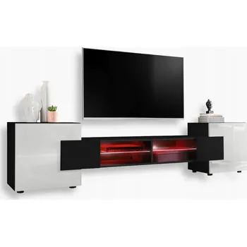 Šatní skříň Komodee TV stolek Merano, lesklá čela, skleněné police, LED RGB