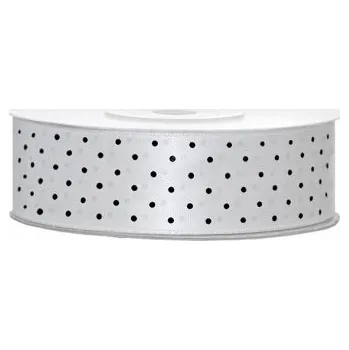 Stuha Bílá stuha s černými puntíky 25mm x 20m