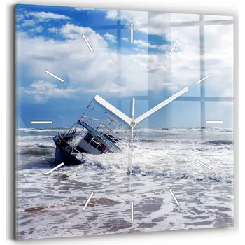Hodiny Čtvercové Skleněné Nástěnné Hodiny s Grafikou Potopená loď ve vodě 30x30 cm