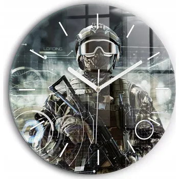 Hodiny Moderní skleněné nástěnné hodiny Voják se zbraní bílé ručičky fi60 cm