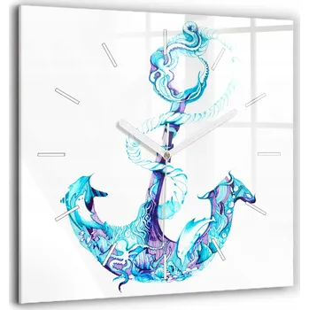 Hodiny Čtvercové Skleněné Nástěnné Hodiny do Kanceláře s Motivem Mořská Kotva 60x60 cm