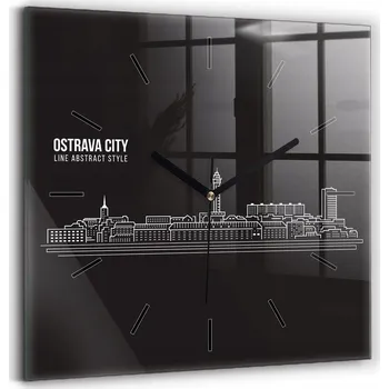 Hodiny Skleněné nástěnné hodiny se stylovým potiskem Město Ostrava kresba 30x30 cm