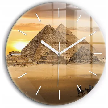 Hodiny Skleněné foto hodiny na zeď Pyramidy a západ slunce, bílé ručičky, průměr 60 cm