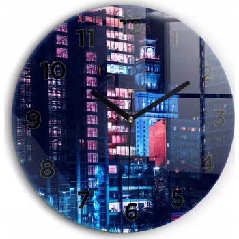 Hodiny Skleněné foto hodiny na zeď Varšava v noci kulatý černé ručičky průměr 60 cm