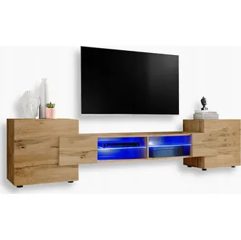 Televizní stolek Komodee TV stolek Merano, matná čela, skleněné police, modré LED osvětlení