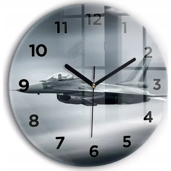 Hodiny Moderní skleněné hodiny s grafikou na zeď Vojenské letadlo průměr 60 cm