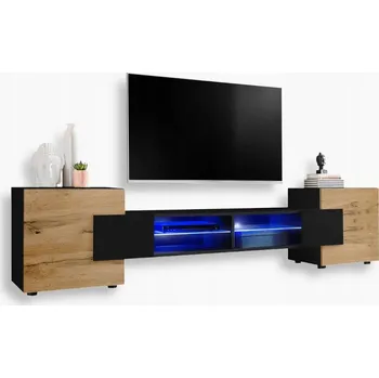 Televizní stolek Komodee TV stolek Merano, matná čela, skleněné police, modré LED osvětlení