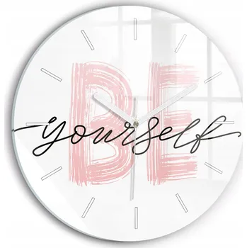 Hodiny Čtvercové Skleněné Foto Hodiny na Zeď do Obýváku Nápis Be yourself průměr 30 cm