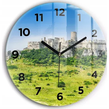 Hodiny Skleněné nástěnné hodiny do obýváku s grafikou Spišského hradu na Slovensku, průměr 60 cm