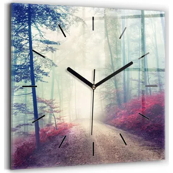 Hodiny Čtvercové Skleněné Nástěnné Hodiny Do Kanceláře Podzimní cesta Les Mlha 30x30 cm