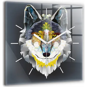 Hodiny Nástěnné čtvercové skleněné hodiny se stylovým potiskem - Hlava vlka 60x60 cm