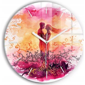 Hodiny Moderní skleněné hodiny s grafikou na zeď Akvarely zamilovaný pár fi30 cm