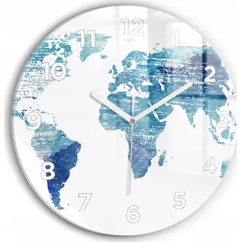 Hodiny Skleněné moderní foto hodiny nástěnné s plynulým chodem ručiček Mapa světa průměr 30 cm