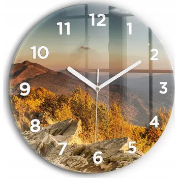 Hodiny Moderní skleněné hodiny s grafikou na zeď Hory Bieszczady kulatý průměr 30 cm
