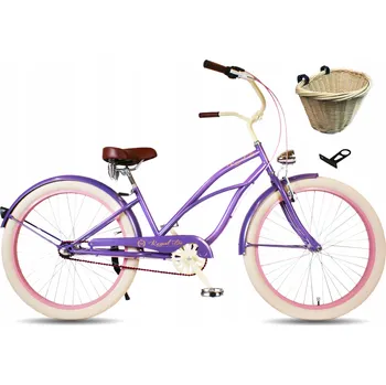 Městské kolo Dámské plážové kolo Cruiser 26" dámské 3 rychlosti FIALOVÉ ROYALBI s košíkem