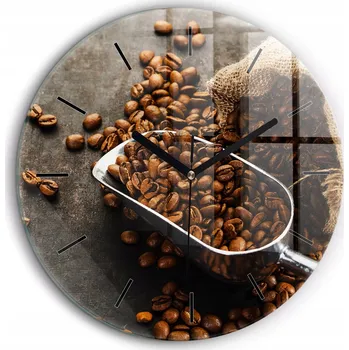 Hodiny Moderní skleněné nástěnné hodiny Zrnkový pytel s kávou černé ručičky průměr 60 cm