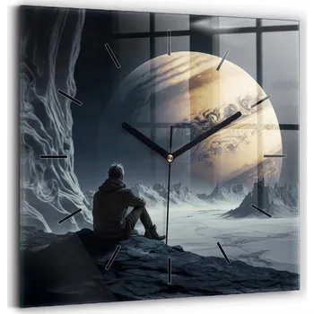 Hodiny Skleněné nástěnné hodiny do obýváku s motivem člověka na pozadí měsíce 30x30 cm