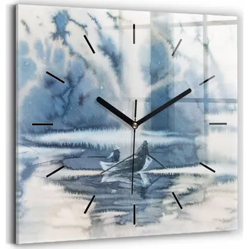 Hodiny Skleněné hodiny tvrzené tiché nástěnné Zimní jezero Loďka 30x30 cm