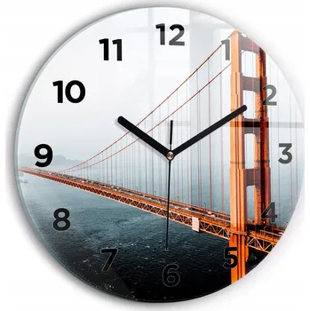 Hodiny Moderní skleněné nástěnné hodiny s grafikou Most Golden Gate kulatý průměr 30 cm