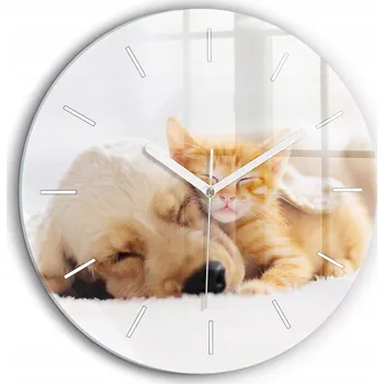 Hodiny Moderní skleněné nástěnné hodiny Spící kočka a pes bílé ručičky fi60 cm