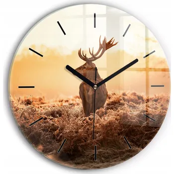 Hodiny Moderní skleněné hodiny s grafikou na zeď Jelen při východu slunce fi30 cm