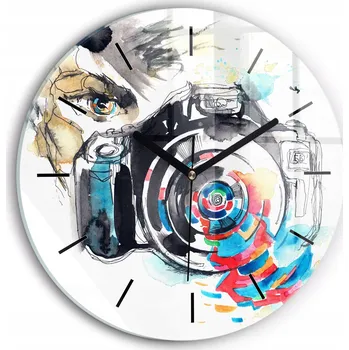 Hodiny Moderní skleněné hodiny s grafikou na zeď Žena fotografka kulatý průměr 30 cm