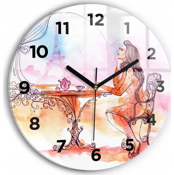 Hodiny Skleněné nástěnné hodiny do obýváku S Potiskem Žena pijící čaj průměr 30 cm