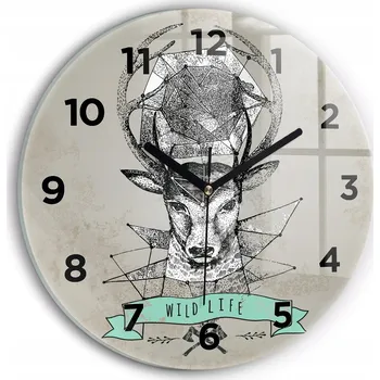 Hodiny Moderní skleněné nástěnné hodiny s potiskem Jelení hlava kulatý průměr 30 cm