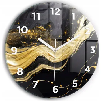 Hodiny Moderní skleněné foto hodiny na zeď tichý mechanismus Zlatý mramor průměr 30 cm