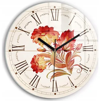 Hodiny Čtvercové Skleněné Nástěnné Hodiny do Kanceláře s Grafikou Červené Květiny fi30 cm