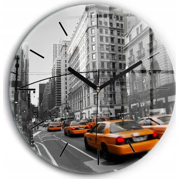 Hodiny Skleněné nástěnné hodiny Manhattan a taxíky kulatý černé ručičky průměr 60 cm