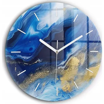Hodiny Minimalistické Kulatý Skleněné Foto Hodiny na Zeď Modrý mramor průměr 60 cm