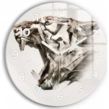 Hodiny Skleněné nástěnné hodiny do obýváku s malovaným motivem portrétu tygra, průměr 30 cm