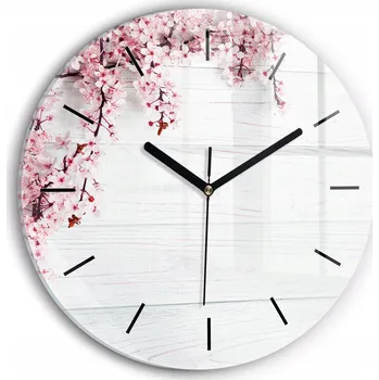 Hodiny Moderní skleněné hodiny s grafikou na zeď Jarní květy kulatý průměr 30 cm
