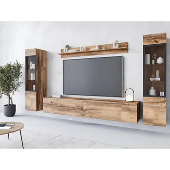 Obývací stěna Nábytková Stěna RTV 180 cm, 2 vitríny a polička, stojící/závěsná matná dub wotan