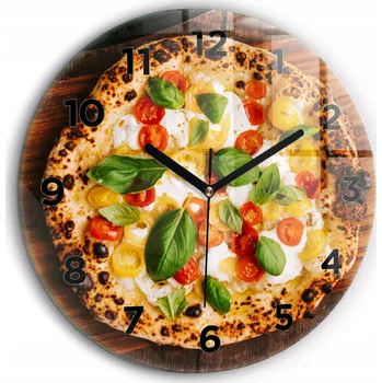 Hodiny Moderní skleněné foto hodiny na zeď Italská pizza černé ručičky průměr 60 cm