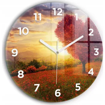 Hodiny Moderní skleněné nástěnné hodiny s potiskem Strom lásky - srdce fi30 cm